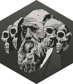 three skulls with long hair and beards in front of a hexagonal background