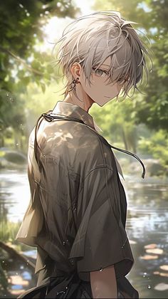 an anime character is standing in front of the water and trees with his back to the camera