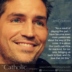 a close up of a person with a smile on his face and an ad for catholic company