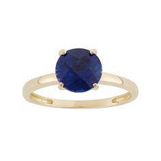 Add stunning sparkle to your ensemble with this 10k gold lab-created sapphire ring.RING DETAILSWidth: 8 mmMetal: 10k goldSTONE DETAILSStone type: lab-created sapphireCut: roundSetting: prong Size: 8. Color: Blue. Gender: unisex. Age Group: adult. Yellow Gold Solitaire Ring, 10k Gold Ring, Round Sapphire, Gold Solitaire Ring, Right Hand Rings, Sapphire Gemstone, 10k Gold, Womens Jewelry Rings, Yellow Gold Rings