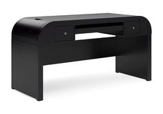 the desk is black and has two drawers on each side, with one drawer open