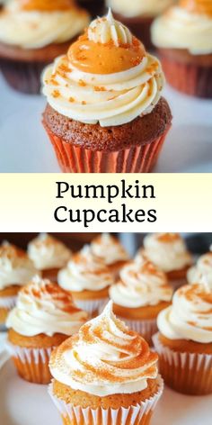 pumpkin cupcakes with cream cheese frosting on top