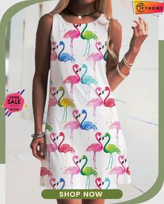 Flamingos Print Sleeveless Casual Mini Dress Casual Knit Dress, Polka Dot Summer Dresses, Summer Dresses Online, Casual Mini Dress, Casual Short Sleeve Dress, Beach Mini Dress, Printed Casual Dresses, Cotton Blends Dress, Fashion Dresses Casual