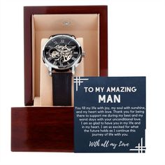 Looking for the perfect gift for your Man? This Men's Openwork Watch is the perfect blend of classic design and modern styling, making it an essential accessory for your dad's remarkable style. Give the gift of luxury with this handsome and daring timepiece, plus a sentimental keepsake message card. A great gift for Man's Birthday, Father's Day, Promotion, Graduation or any special occasion. MESSAGE CARD WORDS: You fill my life with joy, my soul with sunshine, and my heart with love. Thank you f Work Anniversary, Anything For You, Husband Birthday, Boyfriend Anniversary Gifts, Birthday Gift For Him, Romantic Gift, Watch Gifts, Skeleton Watch, Wristwatch Men