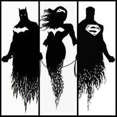 three silhouettes of batman and catwoman in black and white, one with the batgirl's cape