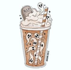 a drawing of a drink with spooky eyes and a candy cane in it