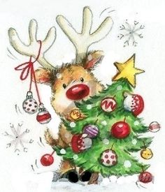 a drawing of a christmas tree decorated with ornaments and reindeer's head hanging from it