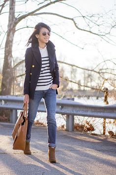 To Brighten My Day - Petite Fashion & Style Blogger/Petite Lookbook. Re-pin via petitestyleonline.com Cream And Navy Striped Sweater Outfit, Navy And Cognac Outfit, Camel Ankle Boots Outfit, Brown Suede Ankle Boots Outfit, Tan Boots Outfit Ankle Winter, Navy Cardigan For Fall, Navy Button-up Sweater For Fall, Navy Breton Top Outfit, Navy Button-up Top For Spring