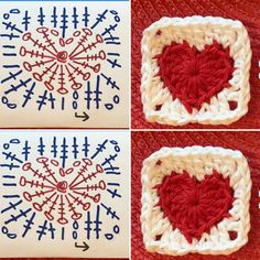 three pictures showing how to crochet a heart in two different squares with the same stitch