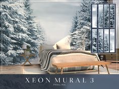 an image of a bedroom with snow covered trees in the background and text that reads xeon mural 3