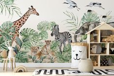 an animal themed wallpaper with zebras, giraffes and other wild animals