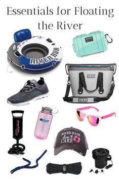 an assortment of items that include water bottles, sunglasses, and other things to pack for rafting the river