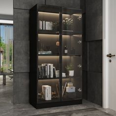 an open bookcase with many books on it in a room next to a door