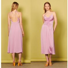 Sandro Praline Slip Ruched Satin Crepe Midi Dress Size 8 (Us) / 40 (Fr) Color: Lilac (Lilas) Brand New With Tags - Retails $295 Aso Tv - Bess (Played By Maddison Jaizani) On Nancy Drew On The Cw Was Spotted Wearing This Ruched Front Dress. Long Dress With Narrow Straps V-Neck Crossover Straps Tied At The Back Gathers At The Front Figure-Hugging Bodice Flared Skirt Midi Length Concealed Zip Fastening At The Side Main Fabric: 100% Polyester This Item's Main Material Is At Least 50% Recycled. Recyc Elegant Lavender Ruched Dress, Chic Purple Ruched Midi Dress, Purple Ruched Midi Dress, Spring Evening Mauve Midi Dress, Purple Ruched Bodice Dress For Summer, Purple Ruched Bodice Summer Dress, Purple Feminine Midi Dress For Date Night, Feminine Purple Midi Dress For Date Night, Summer Purple Dress With Ruched Bodice