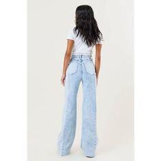 A pair of high-rise wide-fit jeans featuring acid wash, side inserted panels, raw hem, classic 5-pocket construction, and a zip-fly closure. -Rise: 12.5", Inseam: 33" -Model is 5'8" and wearing a size 3 -True to size Trendy Acid Wash Wide Leg Flare Jeans, Trendy Light Wash Bleached Jeans, Trendy Bleached Light Wash Jeans, High-rise Acid Wash Jeans With Frayed Hem, High Rise Acid Wash Jeans With Frayed Hem, High Rise Bleached Denim Blue Jeans, Trendy High Rise Acid Wash Flare Jeans, High Waist Acid Wash Denim Jeans, High Rise Faded Bleached Jeans