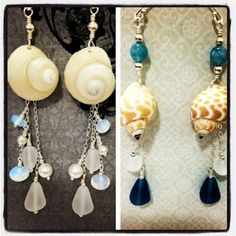 two pictures of seashells, one with blue beads and the other with white shells