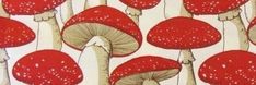 red mushrooms on white background with trees in the backgroung and one large mushroom at the far end