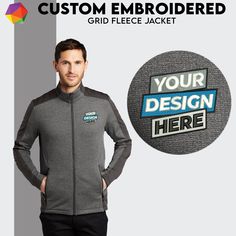 The custom embroidered Port Authority® Grid Fleece Jacket is a stylish and functional outerwear piece designed for comfort and personalization. This jacket features a grid patterned fleece fabric that not only provides warmth but also adds a modern and textured look. With the option for custom embroidery, you can add your own logo, design, or text to make it unique to your brand or personal style. Whether you're looking for a corporate uniform or a cozy and personalized gift, this jacket combines warmth, style, and customization to meet your needs. Product Description With solid and heather grid fleece options, this smooth-faced, brushed-back jacket makes a warm, sleek outer- or mid-layer. Stretch delivers easy movement and all-day comfort. > 8-ounce, 94/6 polyester/spandex fleece > Molded Winter Cotton Outerwear With Custom Embroidery, Fitted Winter Outerwear With Embroidered Logo, Fitted Long Sleeve Outerwear With Embroidered Logo, Own Logo Design, Patterned Fleece, Monogram Jacket, Mens Monogram, Corporate Uniforms, Smooth Face