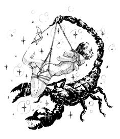 a black and white drawing of a woman on a scorpion with stars in the background