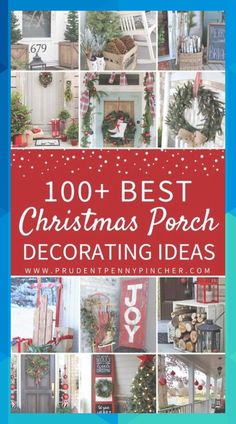 christmas porch decorating ideas with red and white accents, including wreaths, trees, stockings