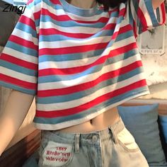 Kawaii Shorts, T Shirt Fashion, Striped Fabrics, Cute Tshirts, Rainbow Stripes, Oversized Shirt, Striped Shorts, Fashion Tees, Insta Fashion