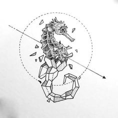 a black and white drawing of a sea horse with geometric shapes on it's body