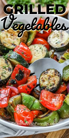 grilled vegetables in a white bowl with spoons on the side and title overlay