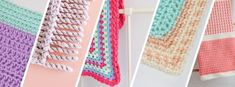 crocheted towels hanging on clothes pins in different colors and sizes, including pink, blue, green, yellow