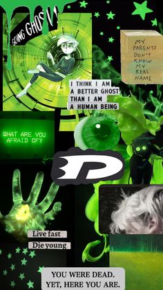 a collage of green images with words written on them and pictures in the background