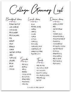 college grocery list with the words college grocery list written in cursive writing on it
