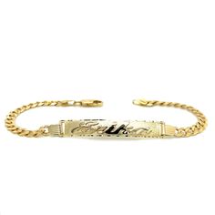 Cherish the Moment with our 14k Yellow Gold Women's Cuban Link ID Bracelet: Crafted in the timeless Solid Cuban Link style, this bracelet is a symbol of Elegance and Love. We believe in the power of personalization. Your chosen name is expertly cut from solid 14k Gold and elegantly overlaid on the bracelet, creating a one-of-a-kind accessory. Additionally, you have the option to engrave a significant date on the back of the nameplate, transforming this bracelet into a cherished keepsake.  Whethe Cheap Personalized Gold Name Bracelet, Id Bracelet Women, Heirloom Adjustable Gold Jubilee Bracelet, Adjustable Yellow Gold Chain Bracelet For Formal Occasions, Adjustable Yellow Gold Chain Bracelet For Formal Events, Adjustable Heirloom Style Gold Jubilee Bracelet, Adjustable Heirloom Gold Jubilee Bracelet, Heirloom Yellow Gold Jubilee Bracelet, Timeless Engraved Bracelets For Wedding