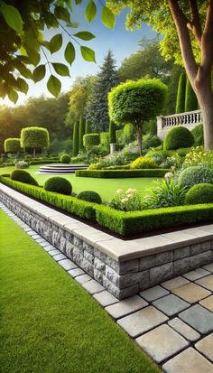 a beautiful garden with green grass and trees