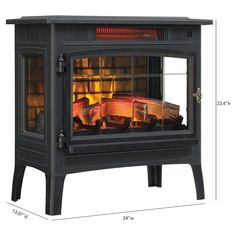 a black stove with flames in it