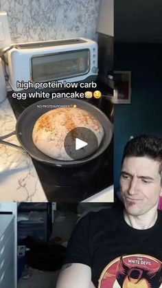 a man is sitting in front of an oven with food inside it and the caption reads, high protein low carb egg white pancake