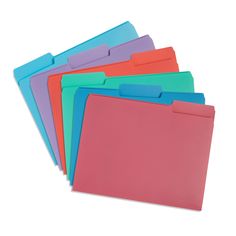 five colored folders stacked on top of each other