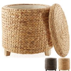 the large round basket is next to two smaller baskets