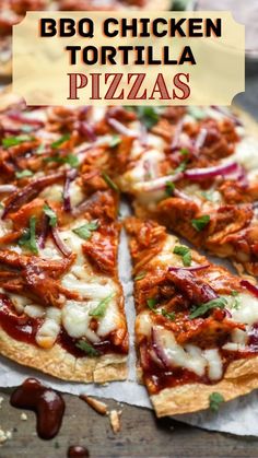 the bbq chicken tortilla pizza is cut into slices