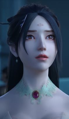 an animated image of a woman with black hair and blue eyes, wearing a necklace