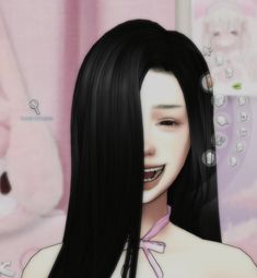 an animated image of a woman with long black hair and white skin smiling at the camera