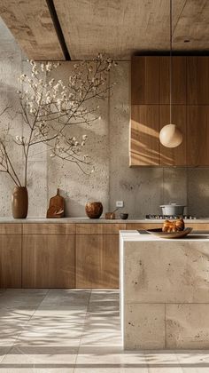 Tropical Villa, Japandi Kitchen, Kitchen Scandinavian, Japandi Interior, Concrete Kitchen, Wood Rustic, Kitchen Room Design, Wooden Cabinets