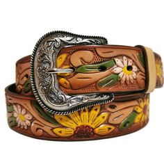 Sunflower LEATHER BELT FOR WOMEN  This leather belt for women is a dream accessory; a versatile piece you'll love and wear forever. Sumptuous LEATHER in rich brown tones is embossed with sunflowers and finished with a classic engraved buckle. The vintage vibe and Western-inspired design make it the perfect partner to your trusty blue jeans and boho dresses.  ✨✨Belts  are listed in sizes and  it's length in inches  and refers only to the leather strap (not including the buckle) *Made of GENUINE L Luxury Vintage Engraved Belt Buckles, Adjustable Hand-tooled Belts, Adjustable Artisan Multicolor Belt, Brown Hand Tooled Bohemian Belts, Vintage Adjustable Multicolor Belts, Bohemian Belt Buckles For Festivals, Adjustable Bohemian Belt Buckles With Embroidered Belt, Nice Patterns, Handmade Leather Belt