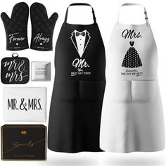 two aprons, one with the bride and groom's names on them are shown