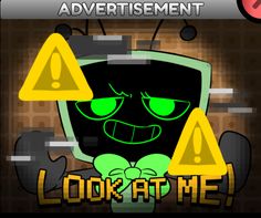 an animated cartoon character with green eyes and yellow warning signs on his head, sitting in front of a computer screen