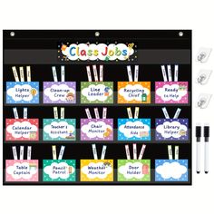 classroom poster board with markers and clips to write the name of each teacher in front of it