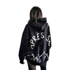 'APRES SKI' PAINTED HOODIE - Wren + Glory Oversized Distressed Winter Sweatshirt, Oversized Distressed Sweatshirt For Winter, Edgy Oversized Hoodie With Letter Print, Edgy Oversized Hoodie For Fall, Oversized Edgy Hoodie For Fall, Edgy Oversized Hooded Sweatshirt, Oversized Black Grunge Hoodie, Edgy Oversized Graphic Print Hoodie, Edgy Oversized Hoodie With Graphic Print