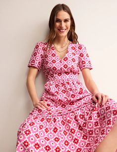 Eve Linen Midi Dress - Pink Power, Geometric Stamp | Boden US Midi Dress Pink, Linen Loungewear, Pink Power, Eve Dresses, Linen Midi Dress, Tambourine, Linnet, Pink Midi Dress, Dress Shapes