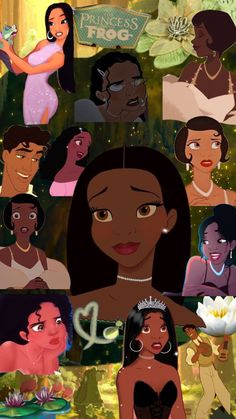 the princess and the frog characters are depicted in this collage from disney's animated movie