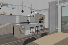 an artist's rendering of a kitchen and dining area in a house with sliding glass doors