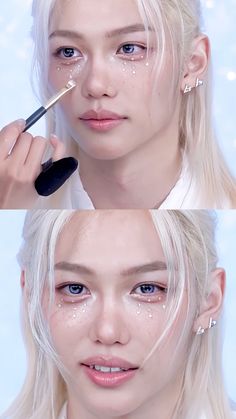 two photos of a woman with blonde hair and blue eyes, one is applying makeup on the other