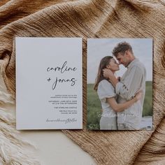 an image of a couple on their wedding day with the save the dates card in front